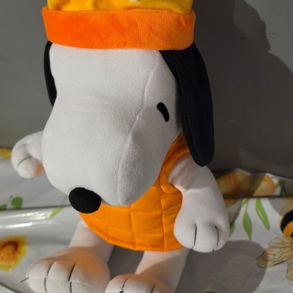 Peanuts Snoopy Plush Orange Puffer Vest and Beanie Winter Hat Stuffed Animal